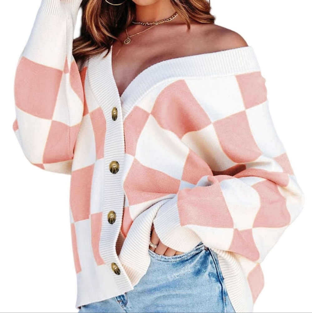 Dokotoo Plaid V Neck Button Down Long Sleeve Cable Knit Oversized Cardigan